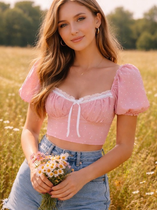Sugar Thrillz Tops - Sugar Thrillz lined mesh crop top, pink with white polka dots, puff short sleeve